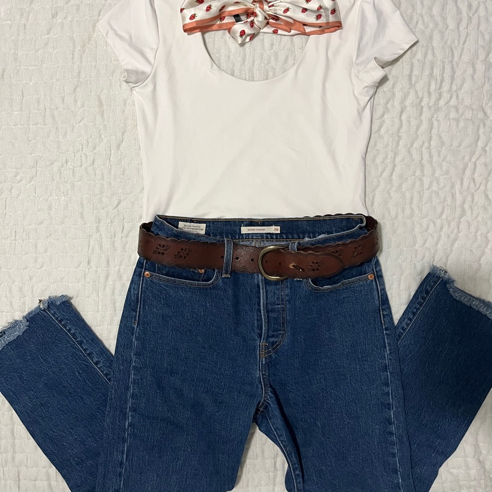 White Top with Blue Jeans and Brown Belt